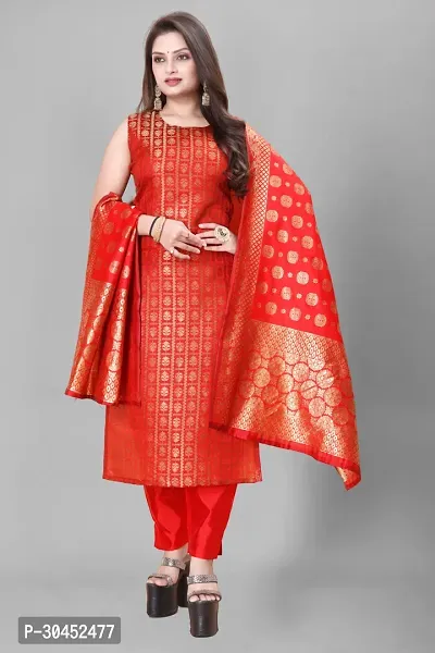 Elegant Red Woven Design Jacquard A-Line Kurta Pant With Dupatta For Women