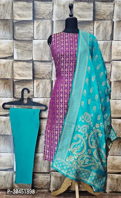 Elegant Purple Woven Design Jacquard A-Line Kurta Pant With Dupatta For Women