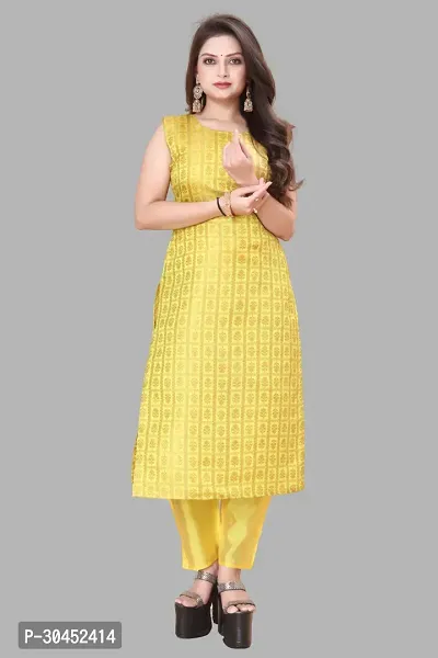 Elegant Yellow Woven Design Jacquard A-Line Kurta Pant With Dupatta For Women-thumb2