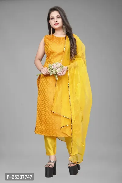 A-Line Yellow Woven Design Jacquard kurta Set