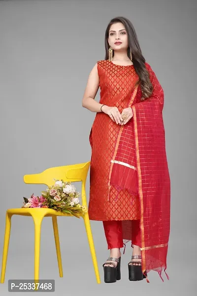 A-Line Red Woven Design Jacquard kurta Set-thumb0