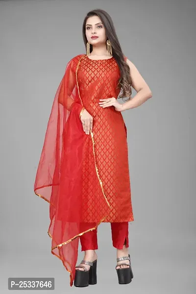 A-Line Red Woven Design Jacquard kurta Set