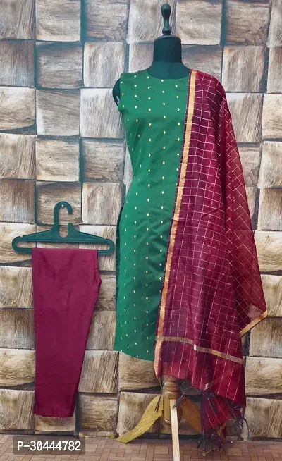 Stylish Green Jacquard Kurta, Bottom And Dupatta Set For Women