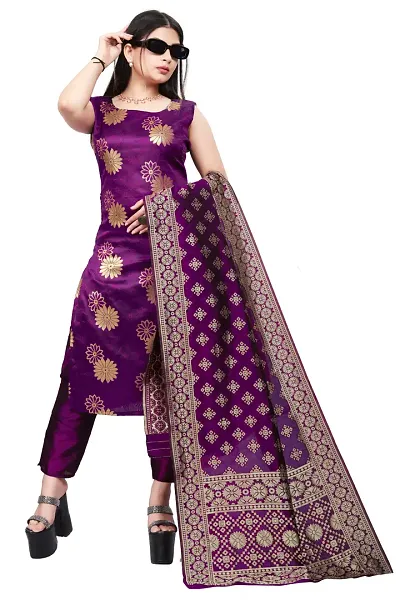 Stylish Jacquard A-Line Woven Design Kurta Bottom Dupatta Set