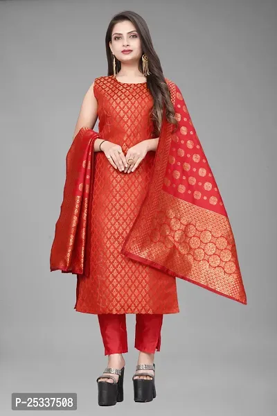 A-Line Red Woven Design Jacquard kurta Set