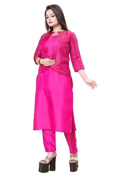 Stylish Soft Silk Kurta With Pant And Koti Set For Women