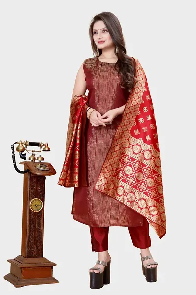 Stylish Jacquard A-Line Kurta With Bottom With Dupatta Set