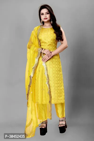 Elegant Yellow Woven Design Jacquard A-Line Kurta Pant With Dupatta For Women-thumb0