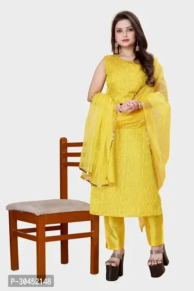 Elegant Yellow Woven Design Jacquard Kurta Pant With Dupatta For Women-thumb0