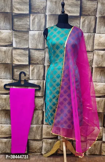 Stylish Teal Jacquard Kurta, Bottom And Dupatta Set For Women