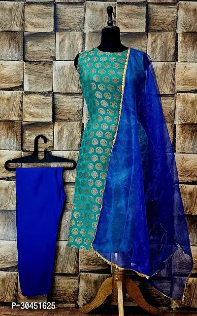 Elegant Teal Woven Design Jacquard A-Line Kurta Pant With Dupatta For Women