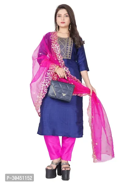 Stylish Navy Blue Silk Kurta, Bottom And Dupatta Set For Women