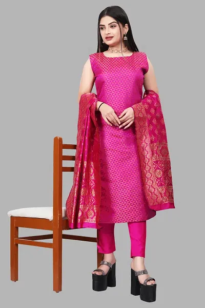 Stylish Jacquard Kurta And Pant With Dupatta Set For Women