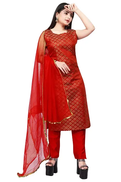 Stylish Jacquard Kurta And Pant With Dupatta Set For Women