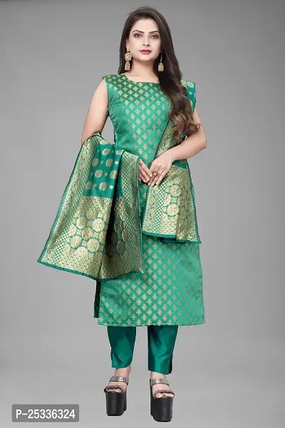 A-Line Teal Woven Design Jacquard kurta Set-thumb0