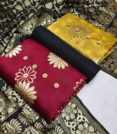 Gold Printed Banarasi Silk 2 Top Dress Material 1 Bottom 1 Dupatta