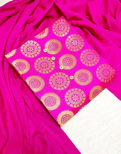 Gold Printed Banarasi Silk Dress Material Without Dupatta