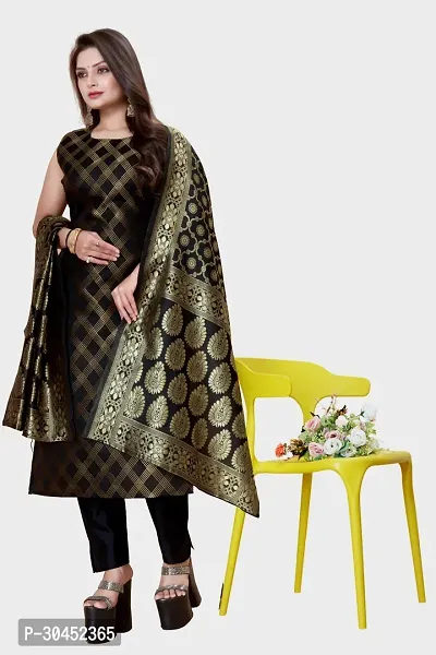 Elegant Black Woven Design Jacquard A-Line Kurta Pant With Dupatta For Women-thumb0