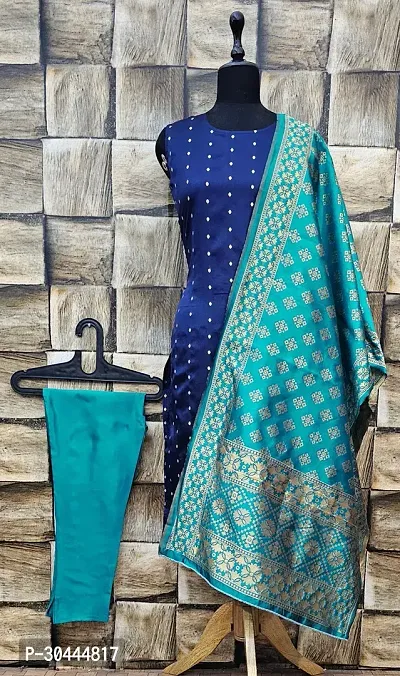 Stylish Navy Blue Jacquard Kurta, Bottom And Dupatta Set For Women