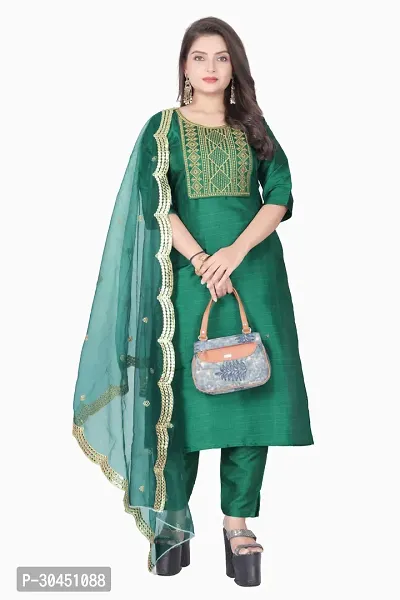 Stylish Green Silk Kurta, Bottom And Dupatta Set For Women-thumb0