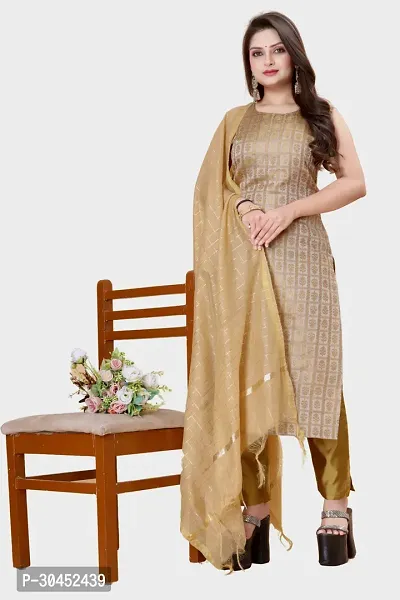 Elegant Beige Woven Design Jacquard A-Line Kurta Pant With Dupatta For Women-thumb0