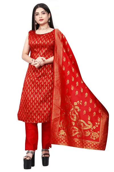 Stylish Jacquard Kurta And Pant With Dupatta Set For Women