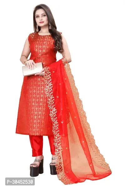 Elegant Red Woven Design Jacquard A-Line Kurta Pant With Dupatta For Women-thumb0