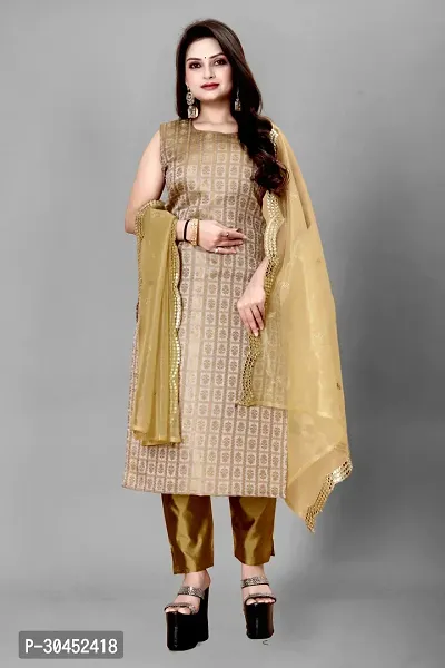 Elegant Beige Woven Design Jacquard A-Line Kurta Pant With Dupatta For Women-thumb0