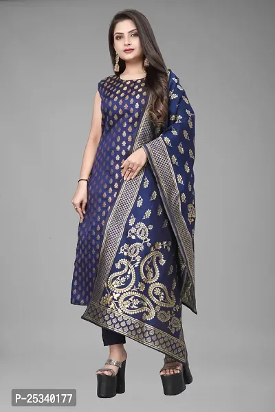 A-Line Navy Blue Woven Design Jacquard kurta Set