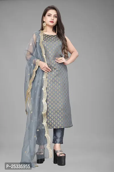 A-Line Grey Woven Design Jacquard kurta Set