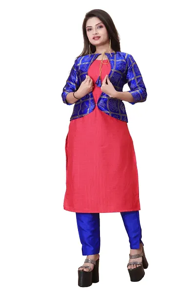 Stylish Soft Silk Kurta With Pant And Koti Set For Women