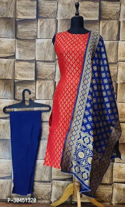 Elegant Red Woven Design Jacquard A-Line Kurta Pant With Dupatta For Women