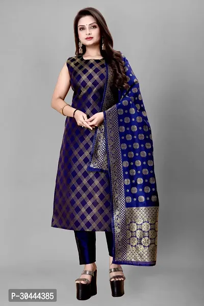 Stylish Navy Blue Jacquard Kurta, Bottom And Dupatta Set For Women-thumb0