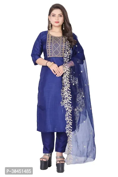 Stylish Navy Blue Silk Kurta, Bottom And Dupatta Set For Women