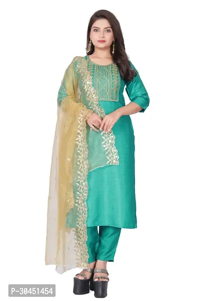 Stylish Green Silk Kurta, Bottom And Dupatta Set For Women