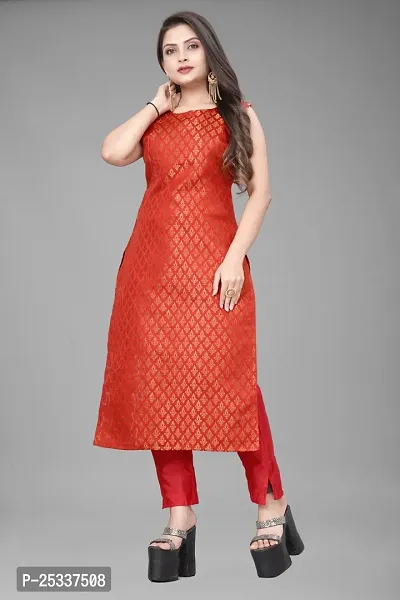 A-Line Red Woven Design Jacquard kurta Set-thumb2