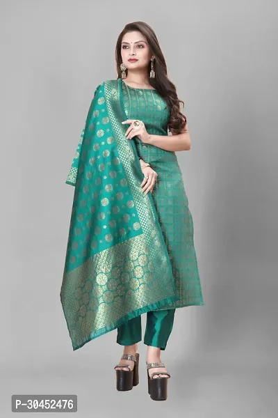 Elegant Teal Woven Design Jacquard A-Line Kurta Pant With Dupatta For Women