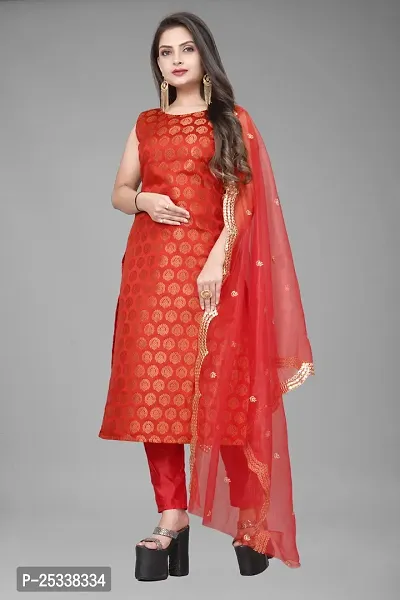 A-Line Red Woven Design Jacquard kurta Set