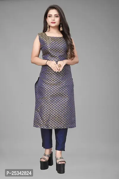 A-Line Navy Blue Woven Design Jacquard kurta Set-thumb2