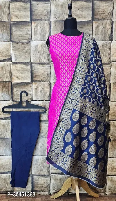 Elegant Pink Woven Design Jacquard A-Line Kurta Pant With Dupatta For Women-thumb0