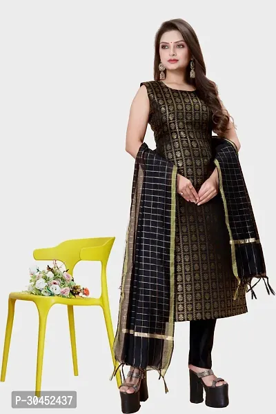 Elegant Black Woven Design Jacquard A-Line Kurta Pant With Dupatta For Women-thumb0