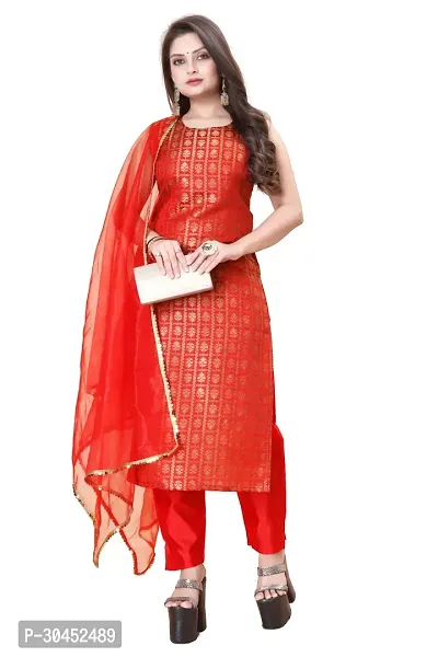 Elegant Red Woven Design Jacquard A-Line Kurta Pant With Dupatta For Women-thumb0