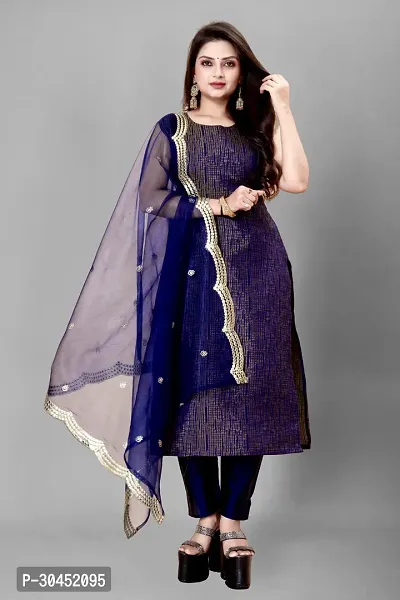 Elegant Navy Blue Woven Design Jacquard Kurta Pant With Dupatta For Women-thumb0