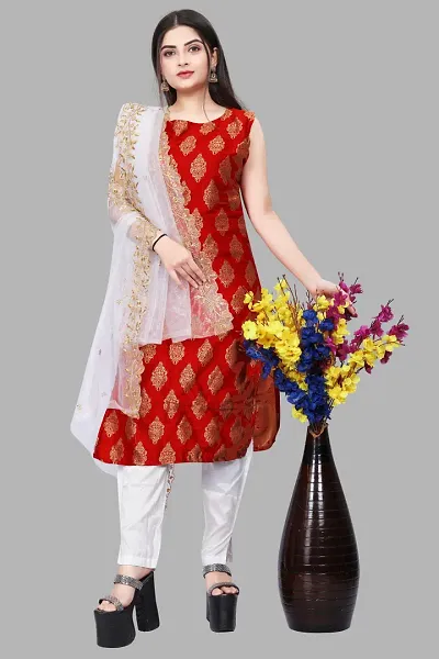 Stylish Fancy Jacquard Unstitched Dress Material Top With Bottom And Dupatta Set For Women