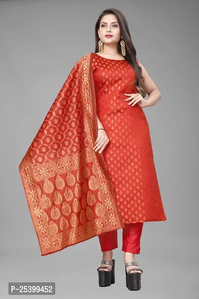 Elegant Red Jacquard Jacquard Weave Dress Material With Dupatta For Women