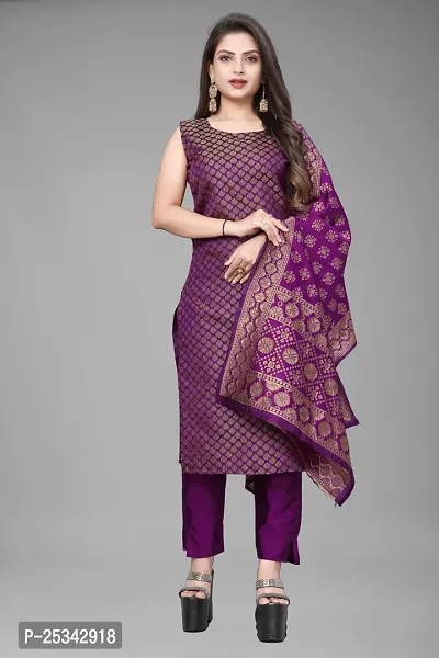 A-Line Purple Woven Design Jacquard kurta Set-thumb0