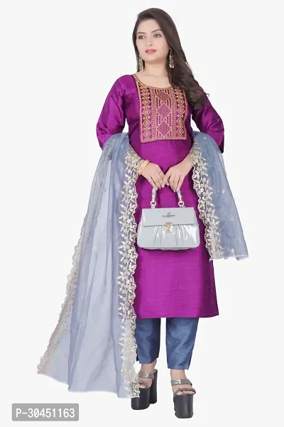 Stylish Purple Silk Kurta, Bottom And Dupatta Set For Women-thumb0