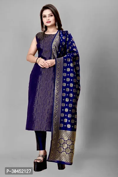 Elegant Navy Blue Woven Design Jacquard Kurta Pant With Dupatta For Women-thumb0