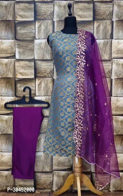 Elegant Grey Woven Design Jacquard A-Line Kurta Pant With Dupatta For Women