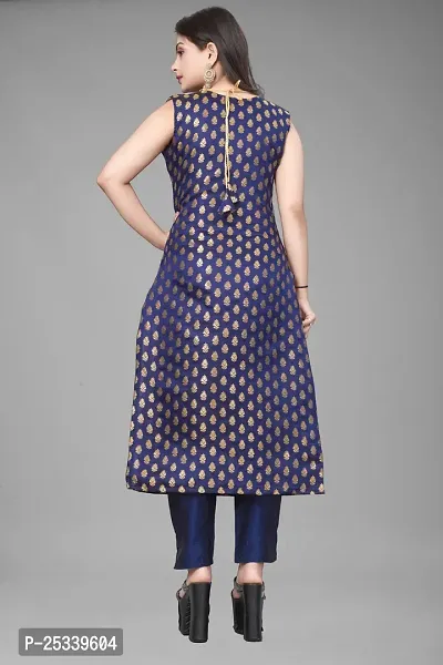 A-Line Navy Blue Woven Design Jacquard kurta Set-thumb3